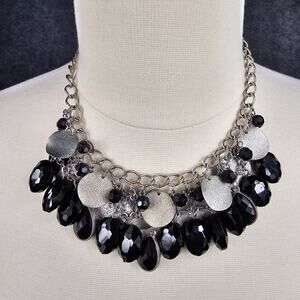 Chunky Statement Bib Necklace Adjustable Short Black Faceted Beads Silver Tone